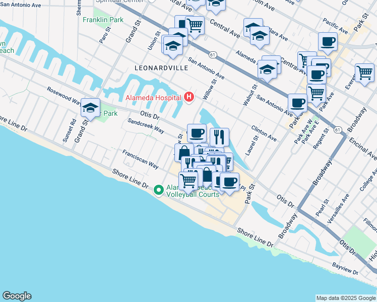 map of restaurants, bars, coffee shops, grocery stores, and more near 2111 Whitehall Place in Alameda