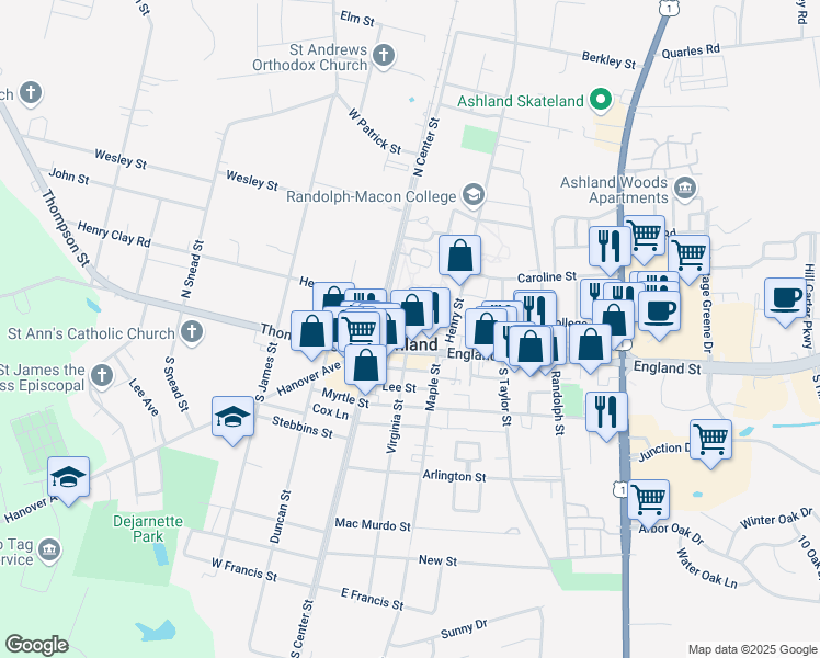 map of restaurants, bars, coffee shops, grocery stores, and more near 115 North Railroad Avenue in Ashland