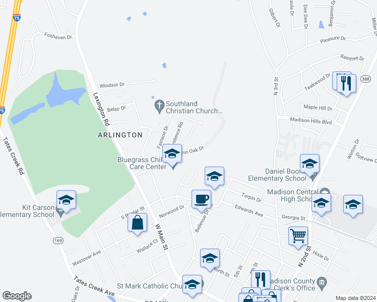 map of restaurants, bars, coffee shops, grocery stores, and more near Pin Oak Drive in Richmond