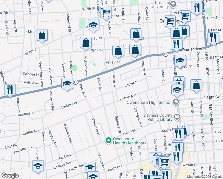map of restaurants, bars, coffee shops, grocery stores, and more near 1201 Cary Court in Owensboro