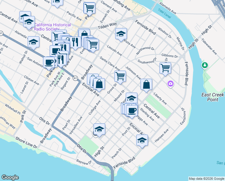 map of restaurants, bars, coffee shops, grocery stores, and more near 1346 Grove Street in Alameda