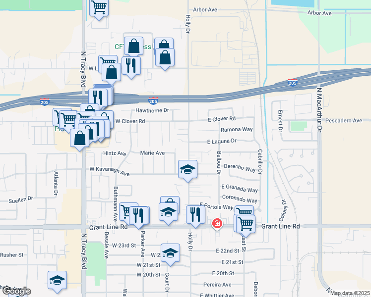 map of restaurants, bars, coffee shops, grocery stores, and more near 3141 Holly Drive in Tracy