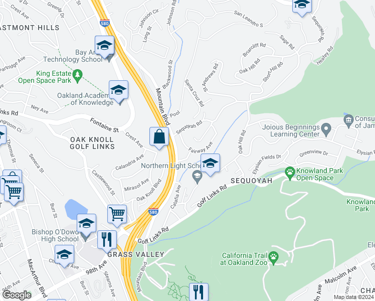 map of restaurants, bars, coffee shops, grocery stores, and more near 3845 Twin Oaks Way in Oakland