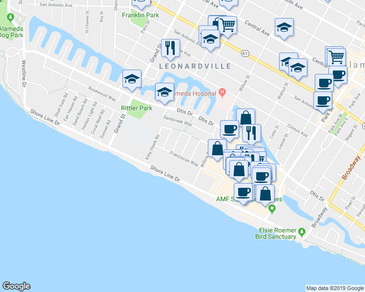 map of restaurants, bars, coffee shops, grocery stores, and more near 417 Camden Road in Alameda