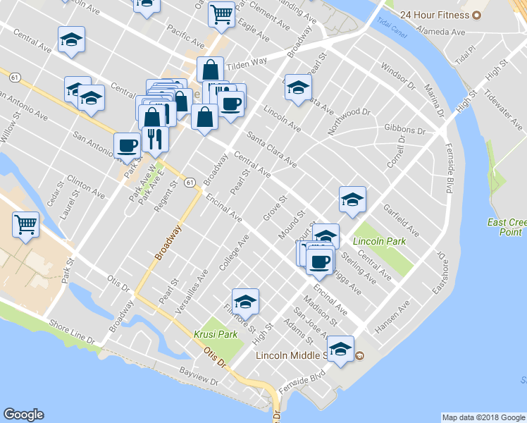 map of restaurants, bars, coffee shops, grocery stores, and more near 1335 Grove Street in Alameda