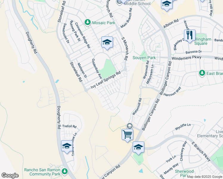 map of restaurants, bars, coffee shops, grocery stores, and more near 3042 Sonsilla Lane in San Ramon