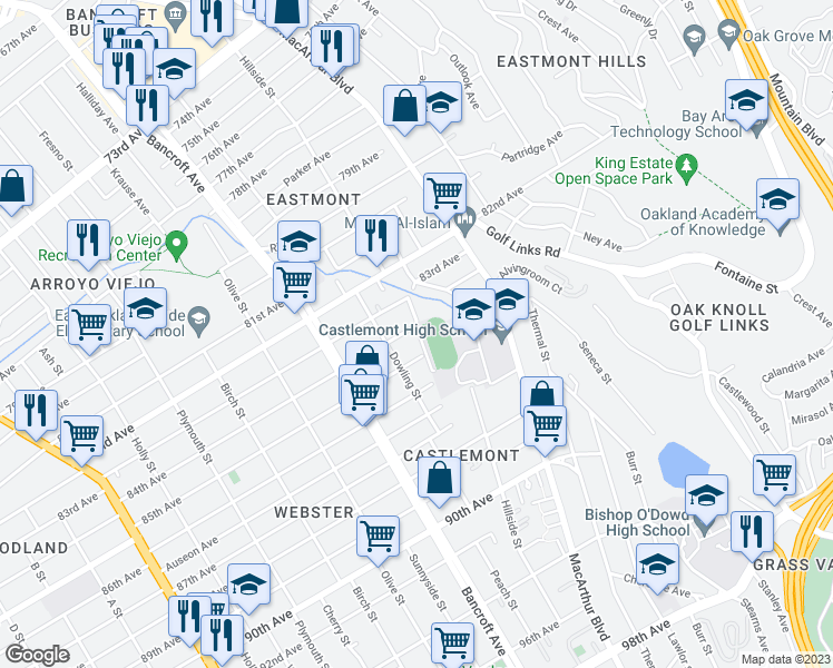 map of restaurants, bars, coffee shops, grocery stores, and more near 2344 84th Avenue in Oakland