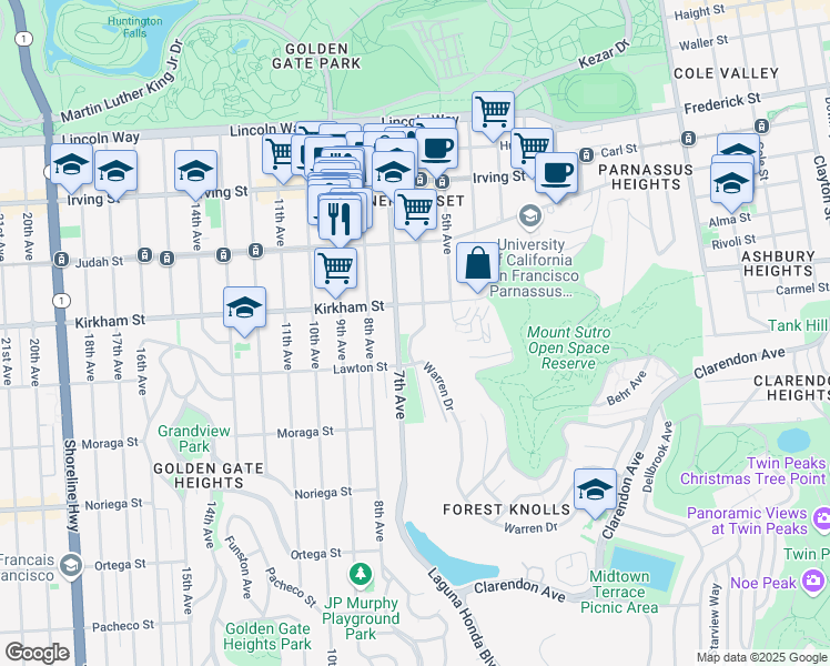 map of restaurants, bars, coffee shops, grocery stores, and more near 9 Locksley Avenue in San Francisco