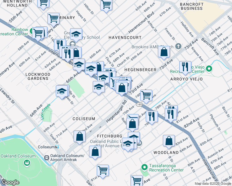 map of restaurants, bars, coffee shops, grocery stores, and more near 7101 East 14th Street in Oakland