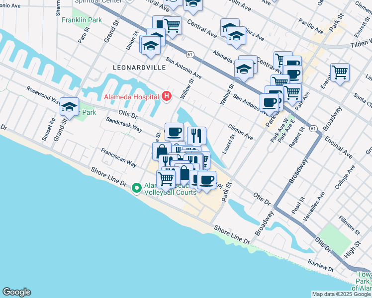 map of restaurants, bars, coffee shops, grocery stores, and more near 2160 Otis Drive in Alameda