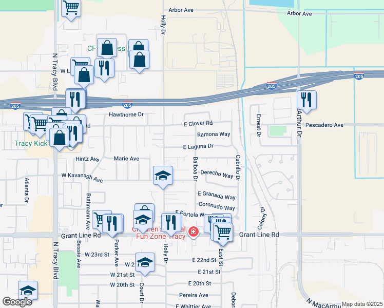map of restaurants, bars, coffee shops, grocery stores, and more near 3021 Balboa Drive in Tracy