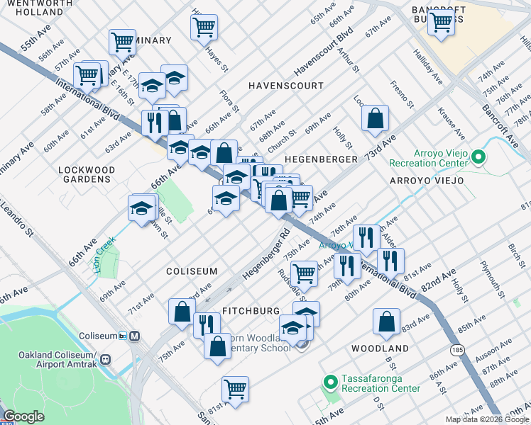 map of restaurants, bars, coffee shops, grocery stores, and more near 7101 International Boulevard in Oakland