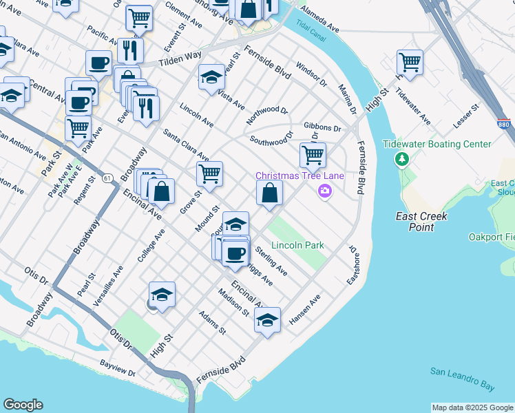 map of restaurants, bars, coffee shops, grocery stores, and more near 3016 Santa Clara Avenue in Alameda