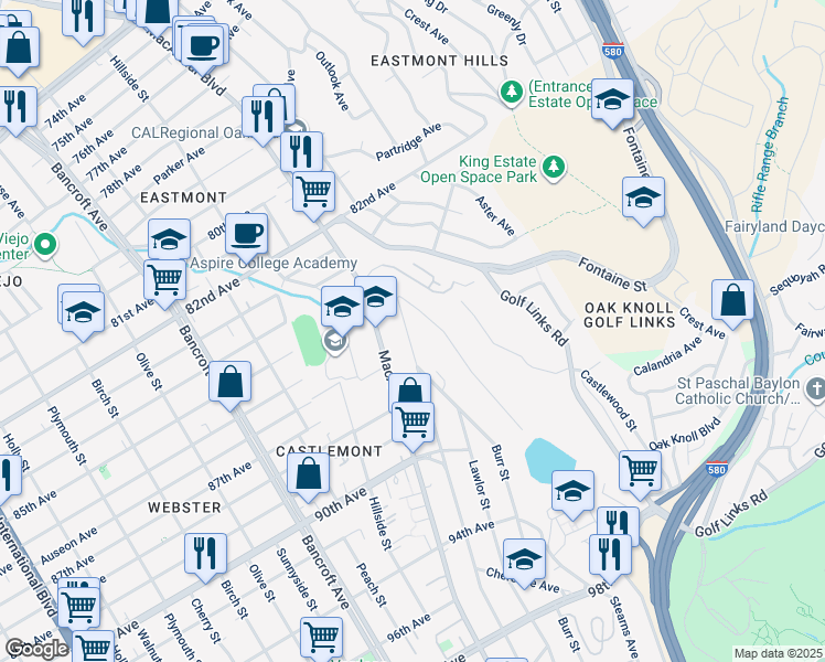 map of restaurants, bars, coffee shops, grocery stores, and more near 8600 Thermal Street in Oakland