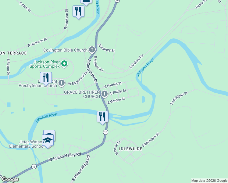 map of restaurants, bars, coffee shops, grocery stores, and more near 214 East Phillip Street in Covington