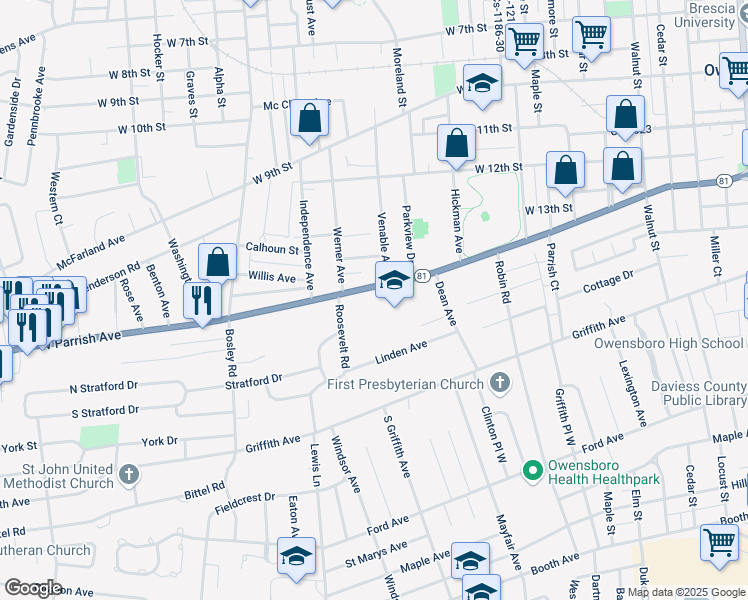 map of restaurants, bars, coffee shops, grocery stores, and more near 1614 West Parrish Avenue in Owensboro