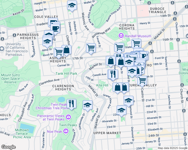 map of restaurants, bars, coffee shops, grocery stores, and more near Caselli Avenue & Danvers Street in San Francisco