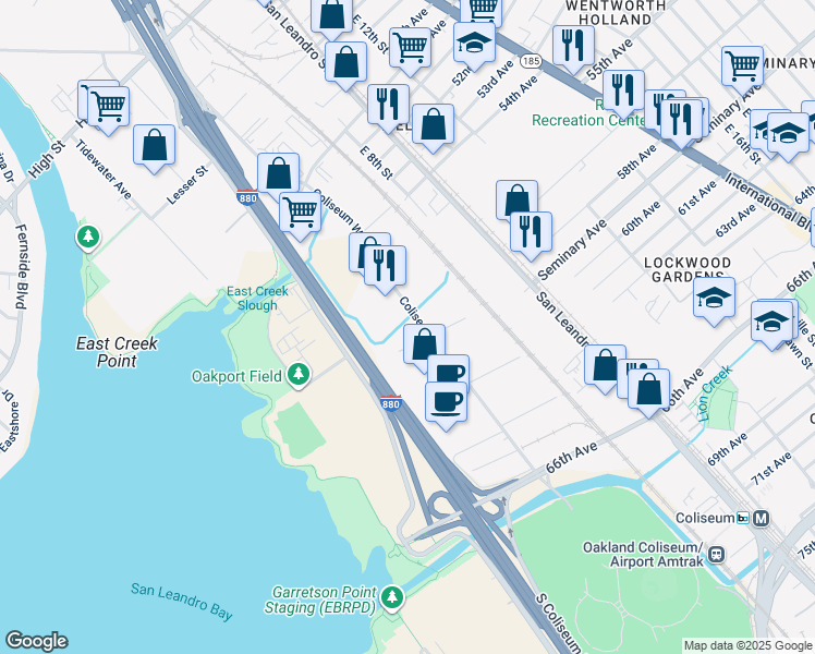 map of restaurants, bars, coffee shops, grocery stores, and more near 555 Julie Ann Way in Oakland