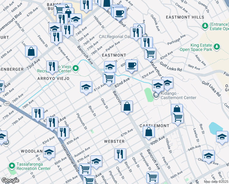 map of restaurants, bars, coffee shops, grocery stores, and more near 5729 Bancroft Avenue in Oakland