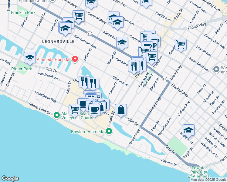 map of restaurants, bars, coffee shops, grocery stores, and more near 858 Laurel Street in Alameda