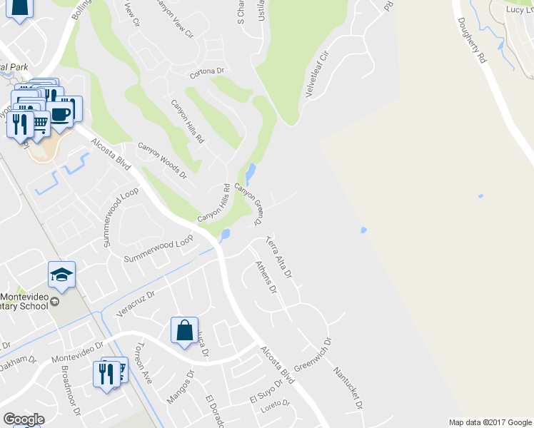map of restaurants, bars, coffee shops, grocery stores, and more near 100 Canyon Green Pl in San Ramon