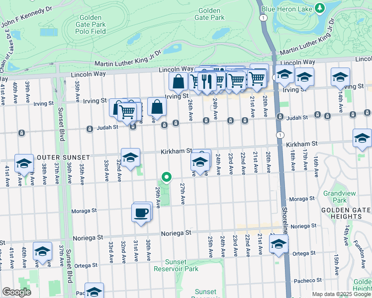 map of restaurants, bars, coffee shops, grocery stores, and more near 2300 Kirkham Street in San Francisco