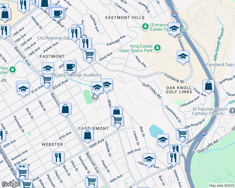 map of restaurants, bars, coffee shops, grocery stores, and more near 8600 Thermal Street in Oakland