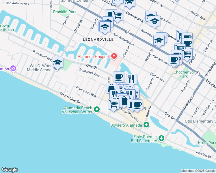 map of restaurants, bars, coffee shops, grocery stores, and more near Willow Street & Whitehall Place in Alameda