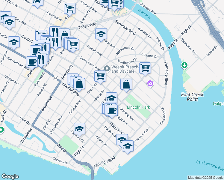 map of restaurants, bars, coffee shops, grocery stores, and more near 2917 Central Avenue in Alameda
