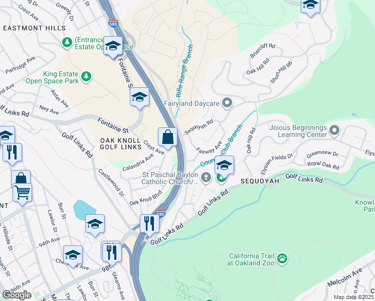 map of restaurants, bars, coffee shops, grocery stores, and more near 9370 Mountain Boulevard in Oakland