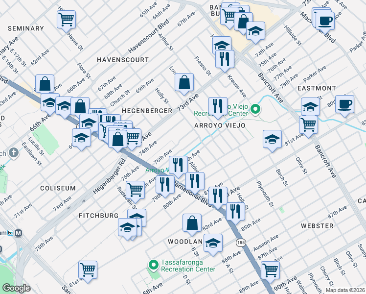 map of restaurants, bars, coffee shops, grocery stores, and more near 1511 77th Avenue in Oakland