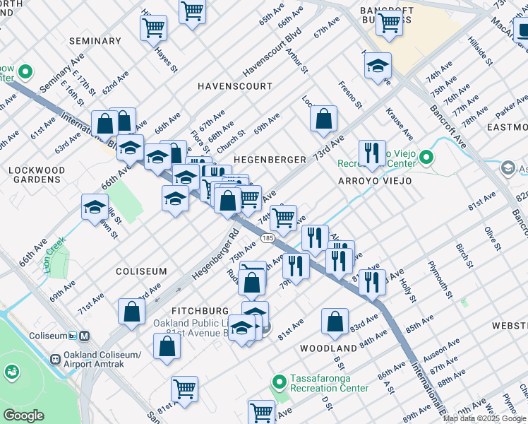 map of restaurants, bars, coffee shops, grocery stores, and more near 1441 74th Avenue in Oakland