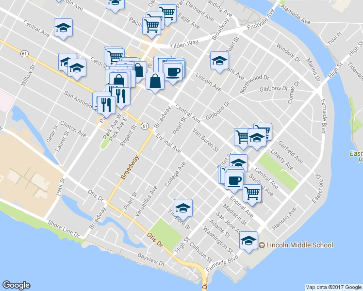map of restaurants, bars, coffee shops, grocery stores, and more near 1312 Versailles Avenue in Alameda