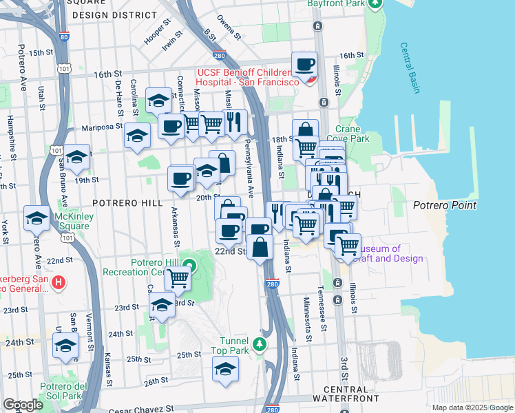 map of restaurants, bars, coffee shops, grocery stores, and more near 553 Pennsylvania Avenue in San Francisco