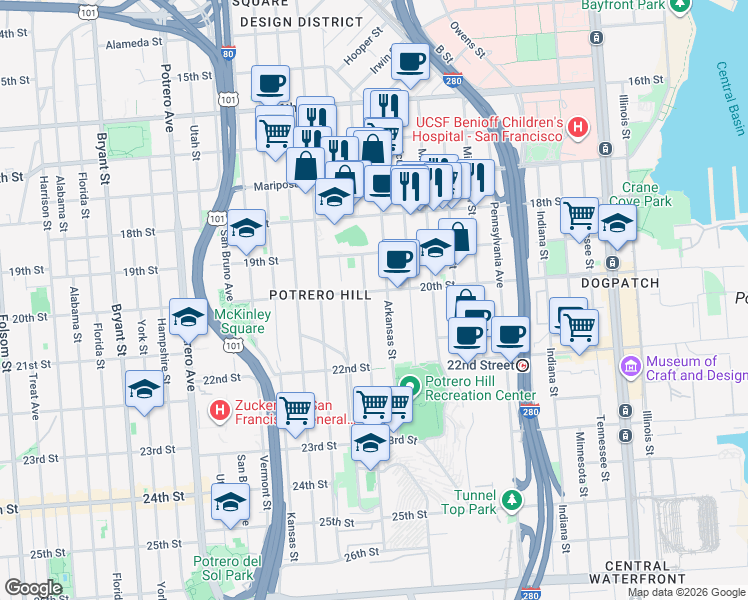 map of restaurants, bars, coffee shops, grocery stores, and more near in San Francisco
