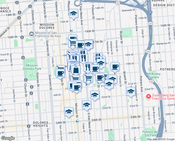 map of restaurants, bars, coffee shops, grocery stores, and more near in San Francisco