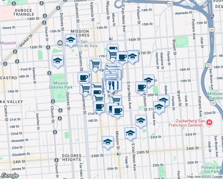 map of restaurants, bars, coffee shops, grocery stores, and more near 2344 Mission Street in San Francisco