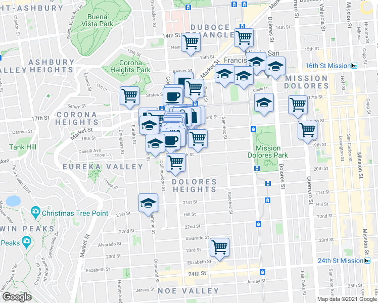 map of restaurants, bars, coffee shops, grocery stores, and more near 153 Hartford Street in San Francisco