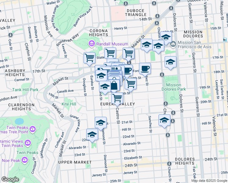 map of restaurants, bars, coffee shops, grocery stores, and more near 595 Castro Street in San Francisco