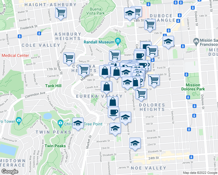 map of restaurants, bars, coffee shops, grocery stores, and more near 277 Douglass Street in San Francisco