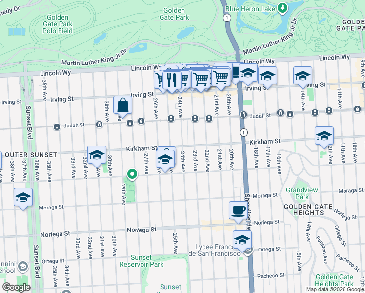 map of restaurants, bars, coffee shops, grocery stores, and more near 24th Avenue & Kirkham Street in San Francisco