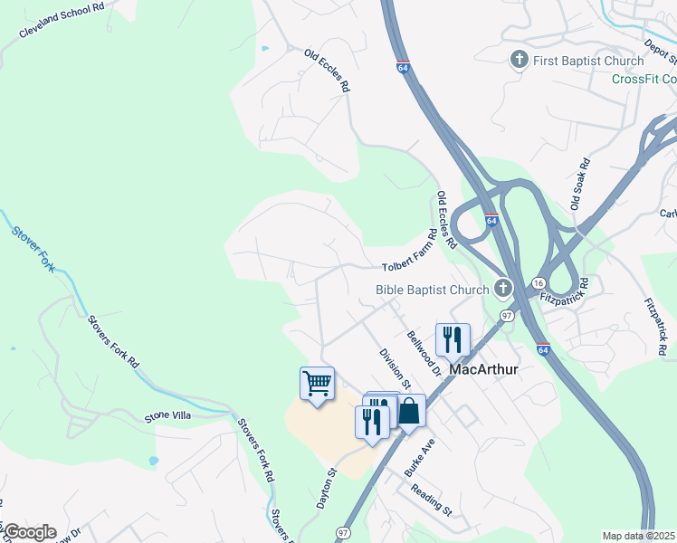 map of restaurants, bars, coffee shops, grocery stores, and more near 366 Bethel Road in Beckley