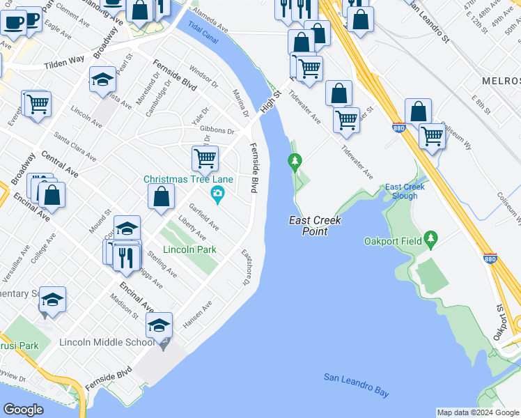 map of restaurants, bars, coffee shops, grocery stores, and more near 3343 Fernside Boulevard in Alameda