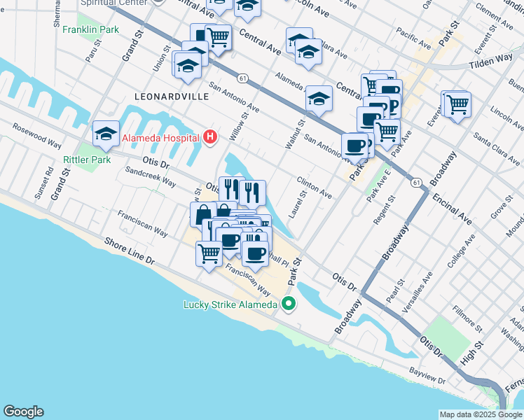 map of restaurants, bars, coffee shops, grocery stores, and more near 2217 Otis Drive in Alameda