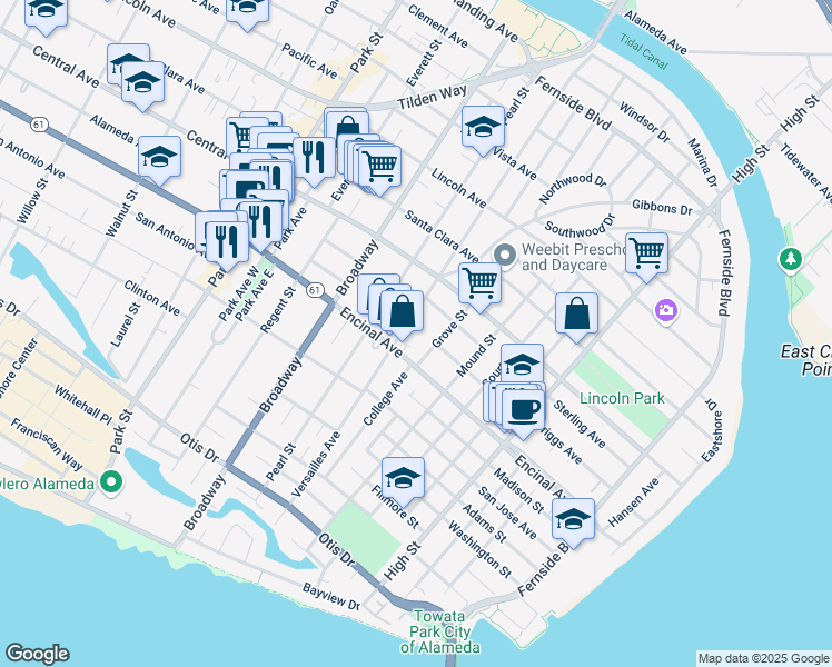 map of restaurants, bars, coffee shops, grocery stores, and more near 1312 Versailles Avenue in Alameda