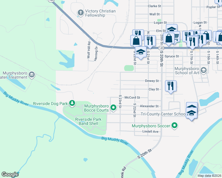 map of restaurants, bars, coffee shops, grocery stores, and more near 2337 Clay St in Murphysboro