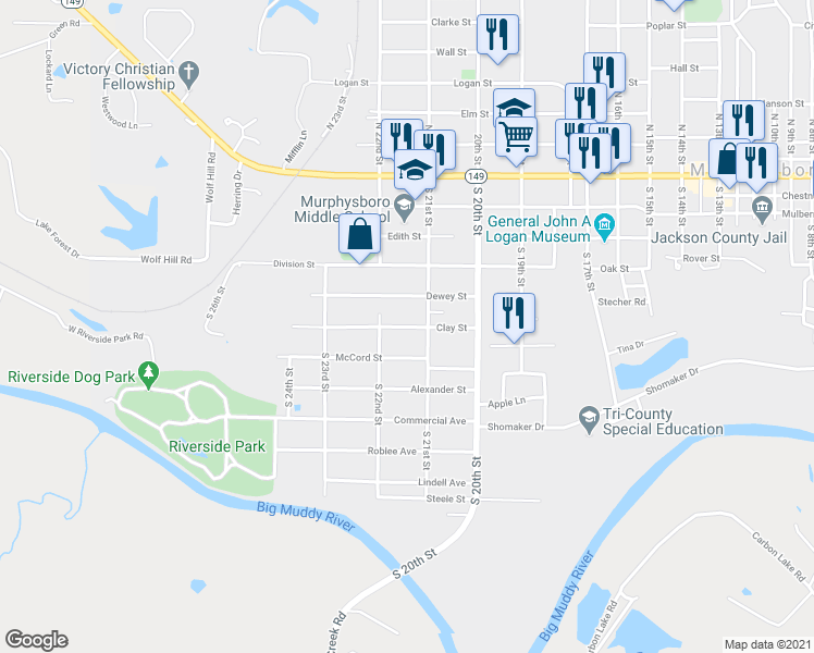 map of restaurants, bars, coffee shops, grocery stores, and more near 2124 Clay Street in Murphysboro