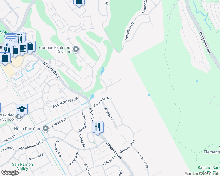map of restaurants, bars, coffee shops, grocery stores, and more near 104 Canyon Green Place in San Ramon