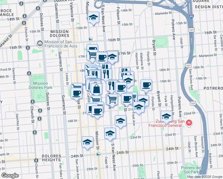 map of restaurants, bars, coffee shops, grocery stores, and more near in San Francisco