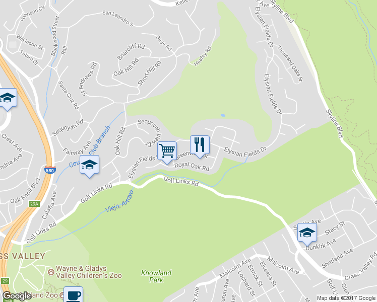 map of restaurants, bars, coffee shops, grocery stores, and more near 10362 Greenview Drive in Oakland
